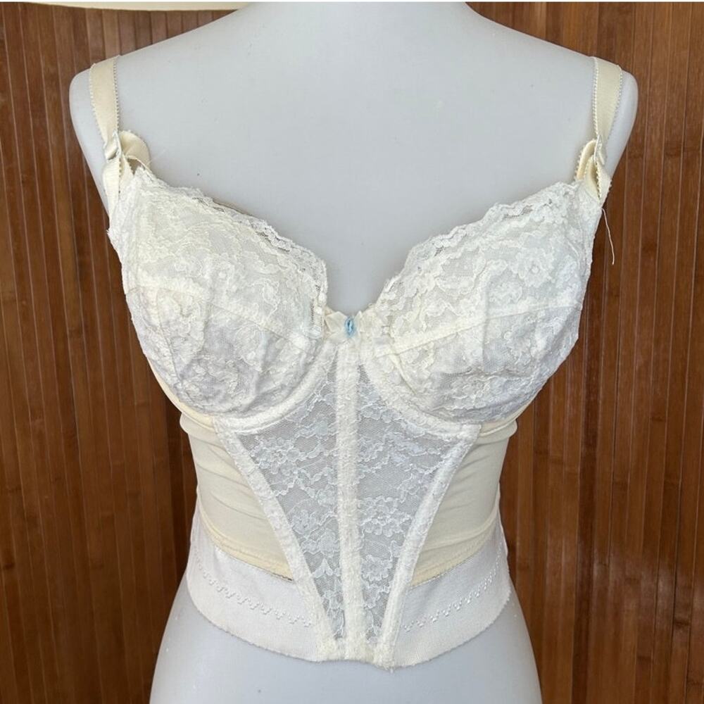 Vintage 1970s Lilyette Longline Bustier Bra 36C White Lace